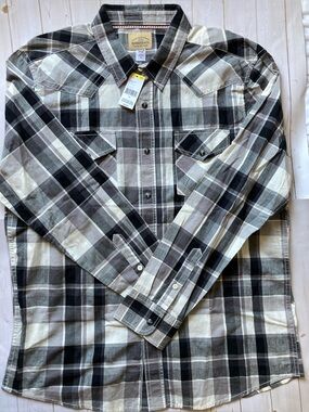 Roebuck & Co Men’s XL Black Gray Plaid Western Button Down Shirt NWT Cotton